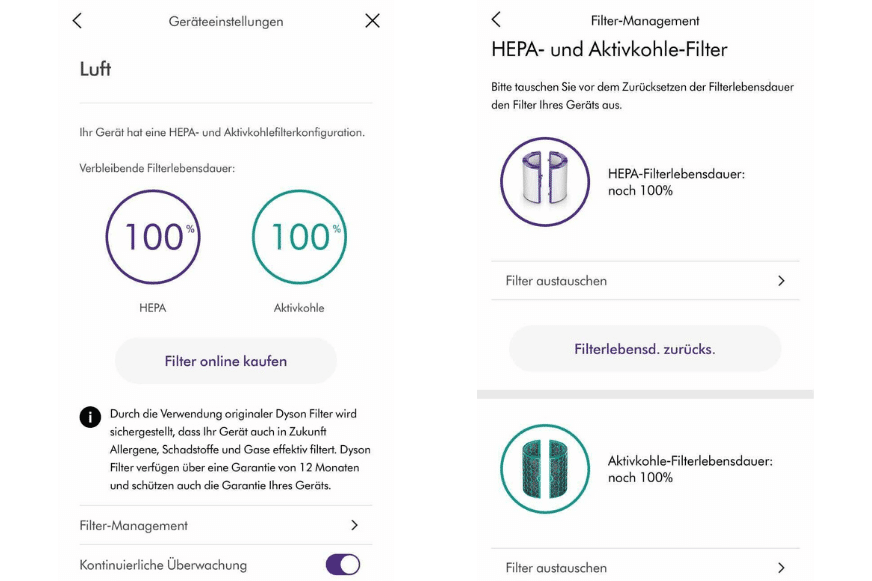 Das Filtermanagement der Dyson Link App zeigt die Restdauer der Filter von dem Dyson Pure Hot and Cool HP04 Luftreiniger